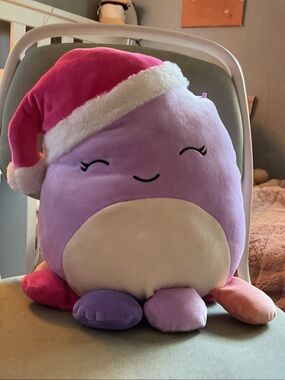 Squishmallows Purple Octopus Pillow with Pink Santa Hat